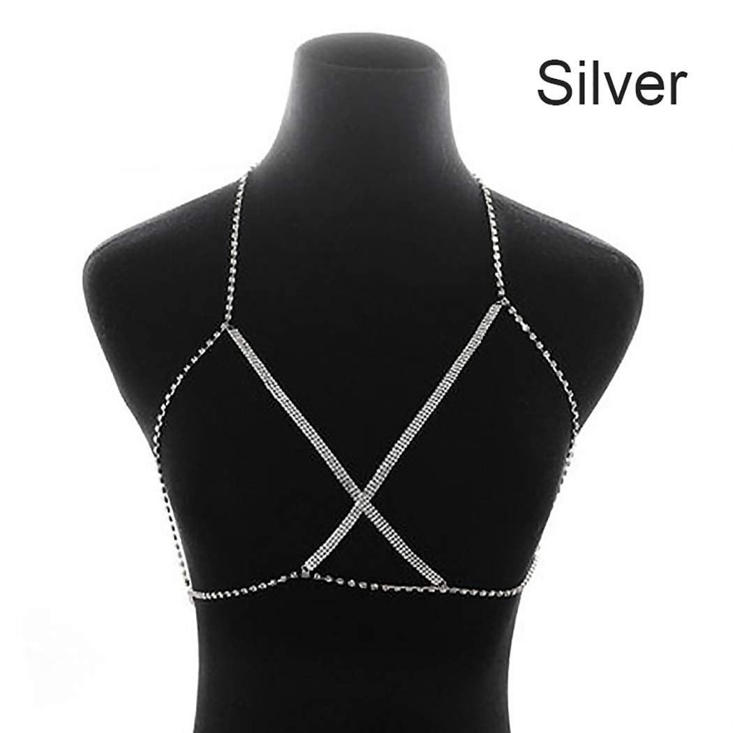 Jeweky Boho Crystal Body Chain Silver Rhinestone Harness Bra Jewelry Beach Bikini Body Jewelry for Women