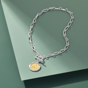 Ross-Simons Italian Sterling Silver and 18kt Gold Over Sterling Replica Bumblebee Lira Coin Paper Clip Link Toggle Necklace 20 inches