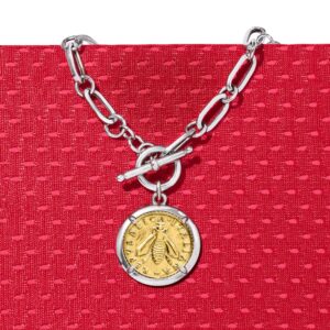 Ross-Simons Italian Sterling Silver and 18kt Gold Over Sterling Replica Bumblebee Lira Coin Paper Clip Link Toggle Necklace 20 inches