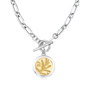 Ross-Simons Italian Sterling Silver and 18kt Gold Over Sterling Replica Bumblebee Lira Coin Paper Clip Link Toggle Necklace 20 inches