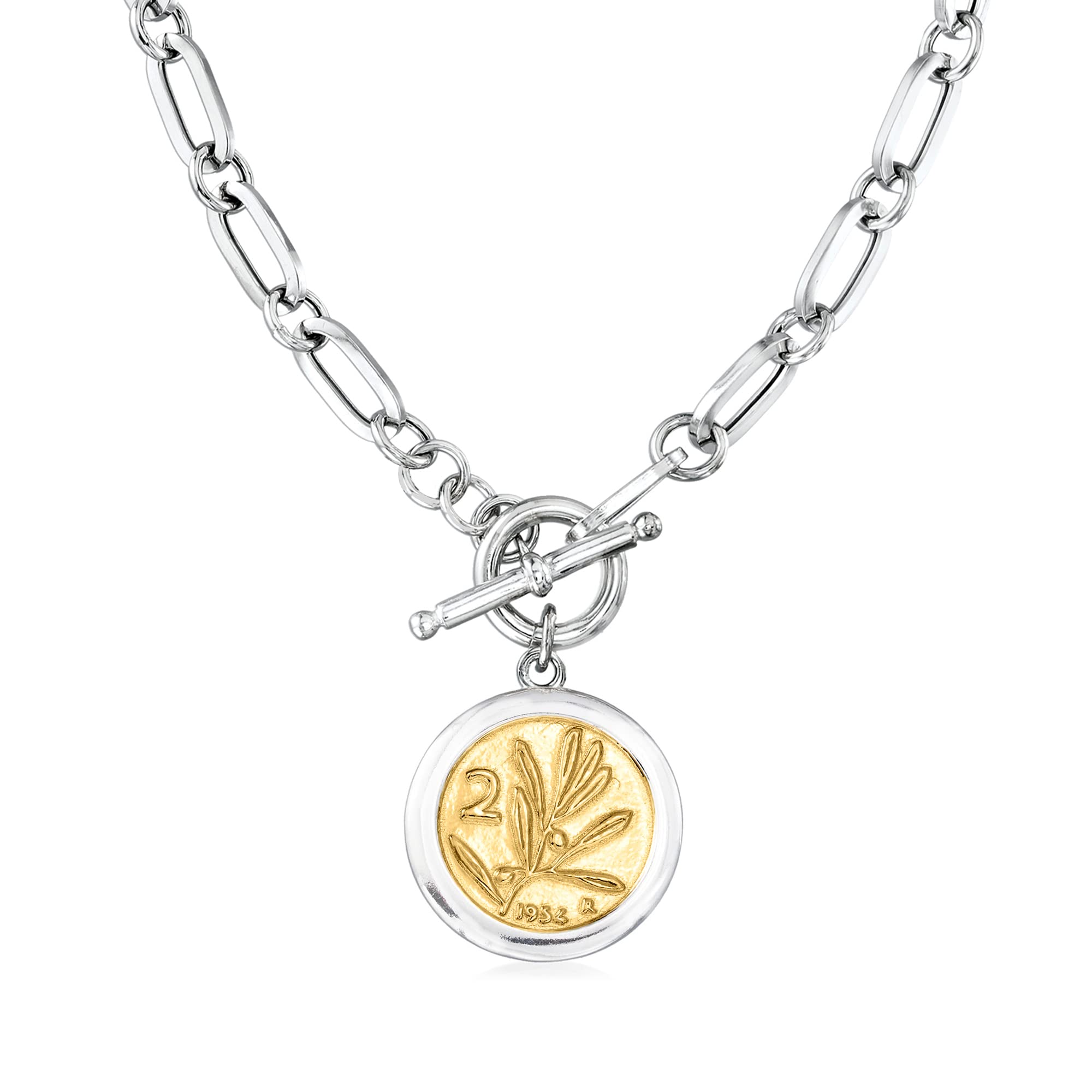 Ross-Simons Italian Sterling Silver and 18kt Gold Over Sterling Replica Bumblebee Lira Coin Paper Clip Link Toggle Necklace 20 inches