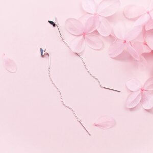 Minimalist Little Butterfly Tassel Chain Dangle Drop Earrings S925 Sterling Silver for Women Girls Cute Simple Threader Long Chain Statement Studs Earring Dangling Fashion Jewelry Gifts BFF