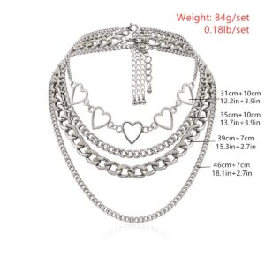 Simple Heart Necklace Lolita Choker Chain Layered Cuban Chunky Silver Chain Necklace for Women Men Chic y2k Clothes Jewelry (Silver 1)