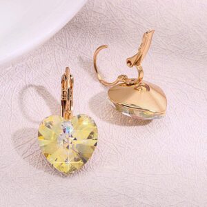 Austrian Crystal Heart Drop Leverback Earrings for Women 14K Rose Gold Plated Hypoallergenic Jewelry (Aurora Borealis)