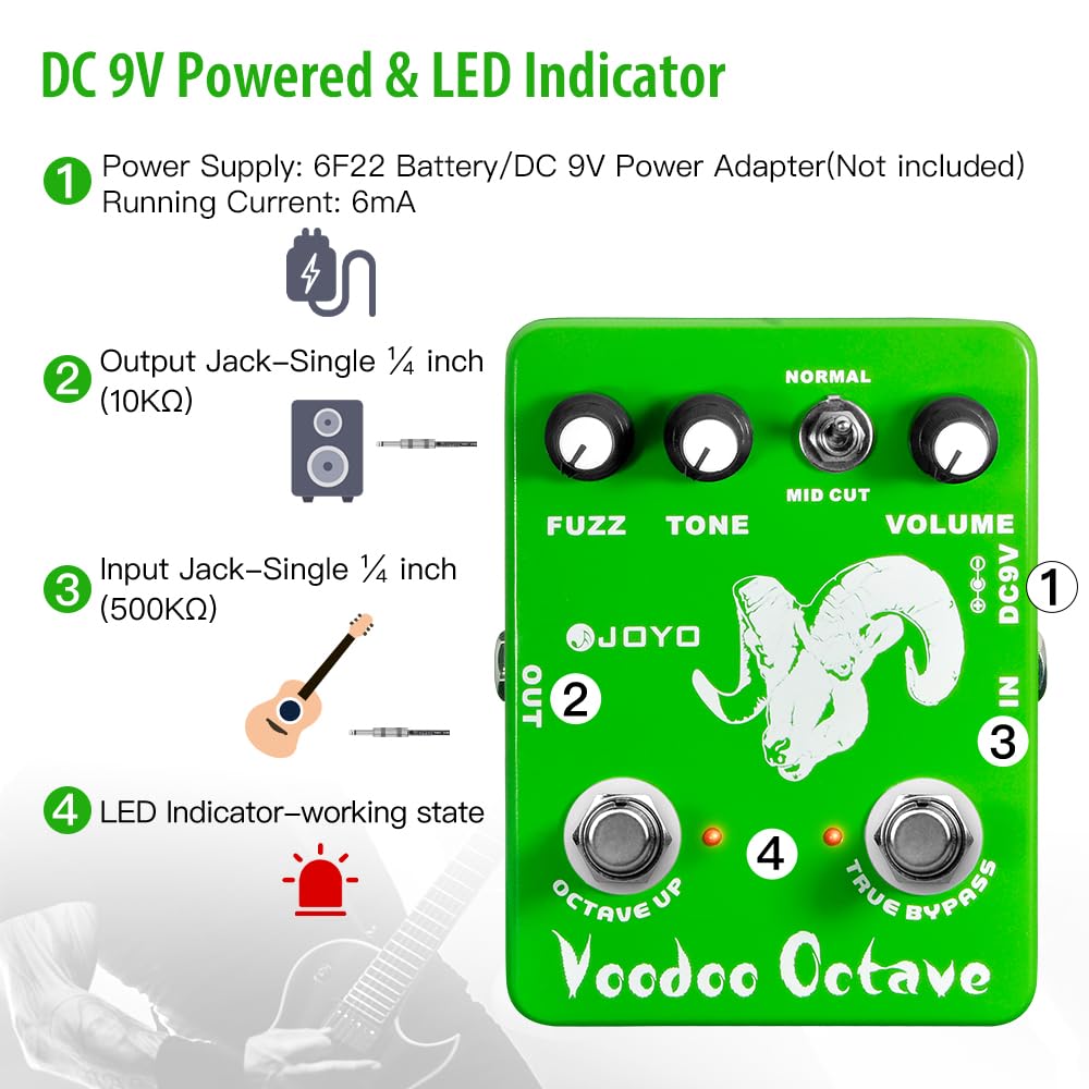 JOYO Octave Fuzz Pedal, Germanium Fuzz 60's Rock Effect - JF-12, Green White, Electric Guitar