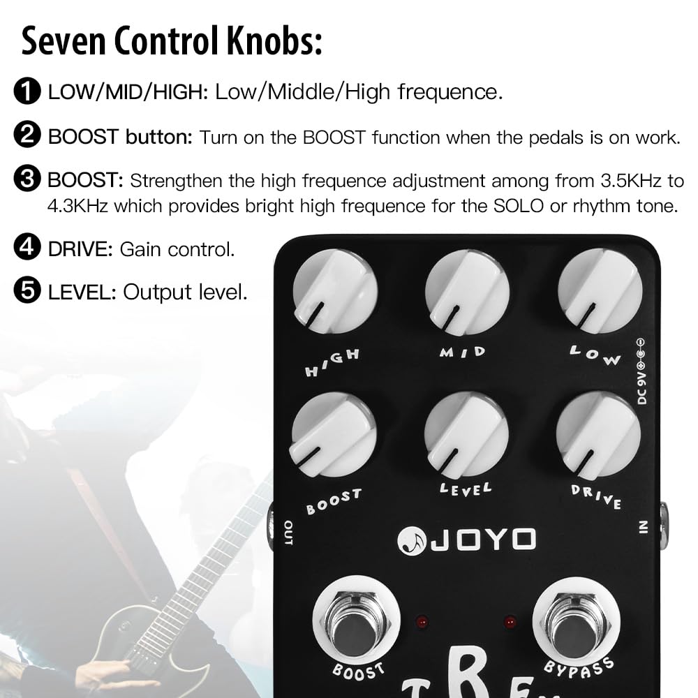 JOYO Metal Distortion Pedal with 3 Band EQ and Low-Mid-High Gain Boost for Electric Guitar Effect - Bypass (Extreme Metal JF-17)