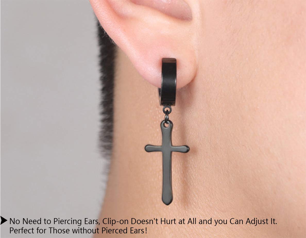 Non-pierced Earrings Set for Men Women Cross Titanium Steel Hoop Dangle Clip On Earring Black