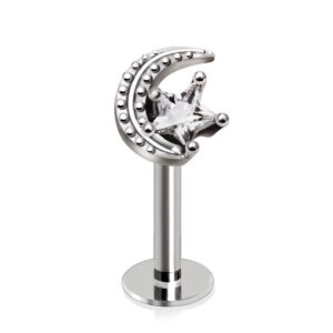 Pierced Owl 316L Stainless Steel Moon and CZ Crystal Star Labret Monroe Cartilage Ear Stud