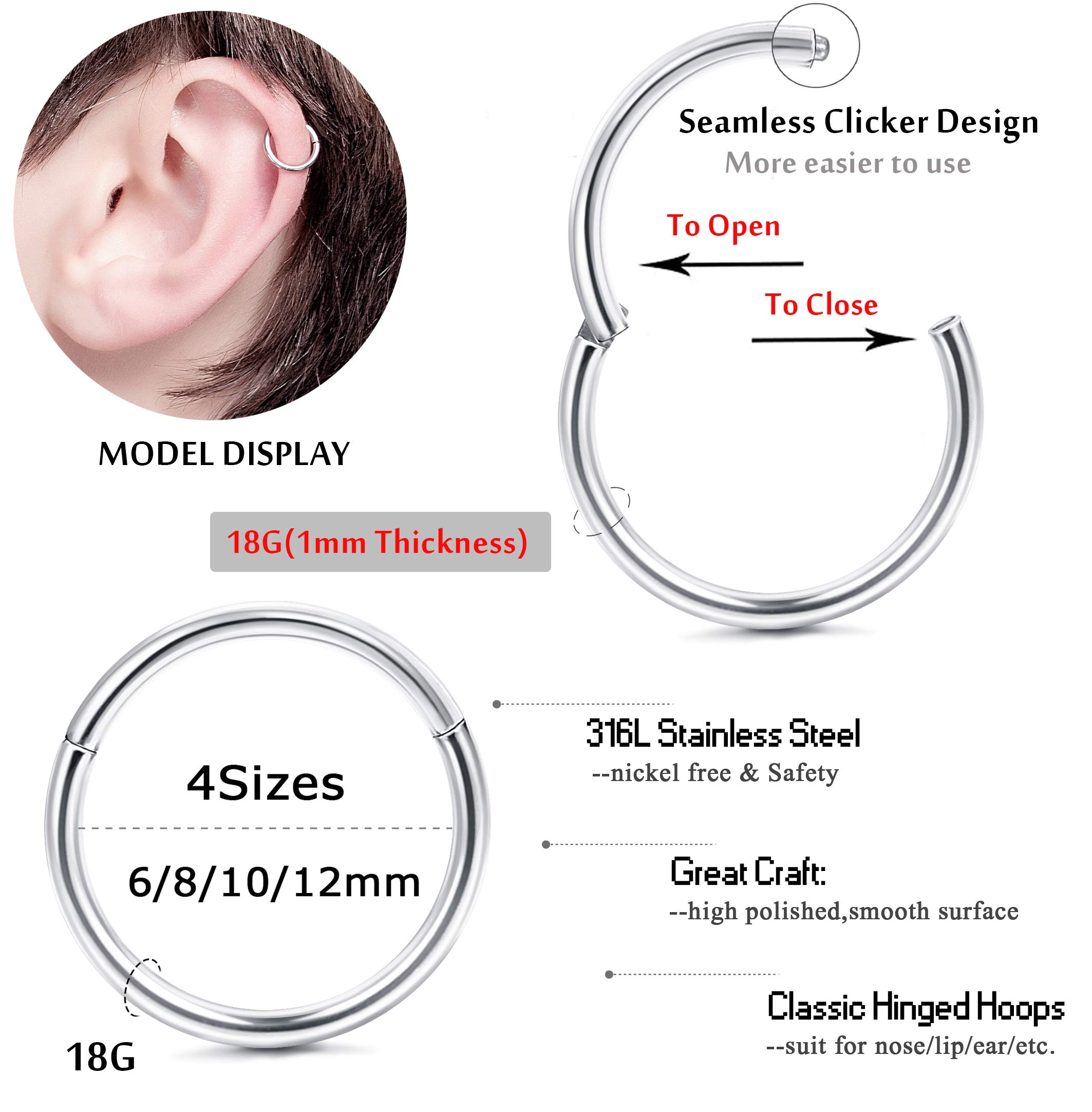 Jstyle 8Pcs 18G Stainless Steel Hinged Clicker Segment Nose Ring Hoop Piercing for Men Women Cartilage Daith Tragus Sleeper Earrings Improved Clasp 6-12MM,Silver Tone