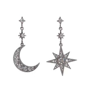 KaFu Gold Moon Star Asymmetrical Drop Earrings Sliver Sun Crystal Dangle Earrings with Rhinestone For Women (Silver-1)