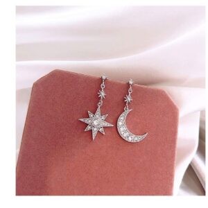 KaFu Gold Moon Star Asymmetrical Drop Earrings Sliver Sun Crystal Dangle Earrings with Rhinestone For Women (Silver-1)