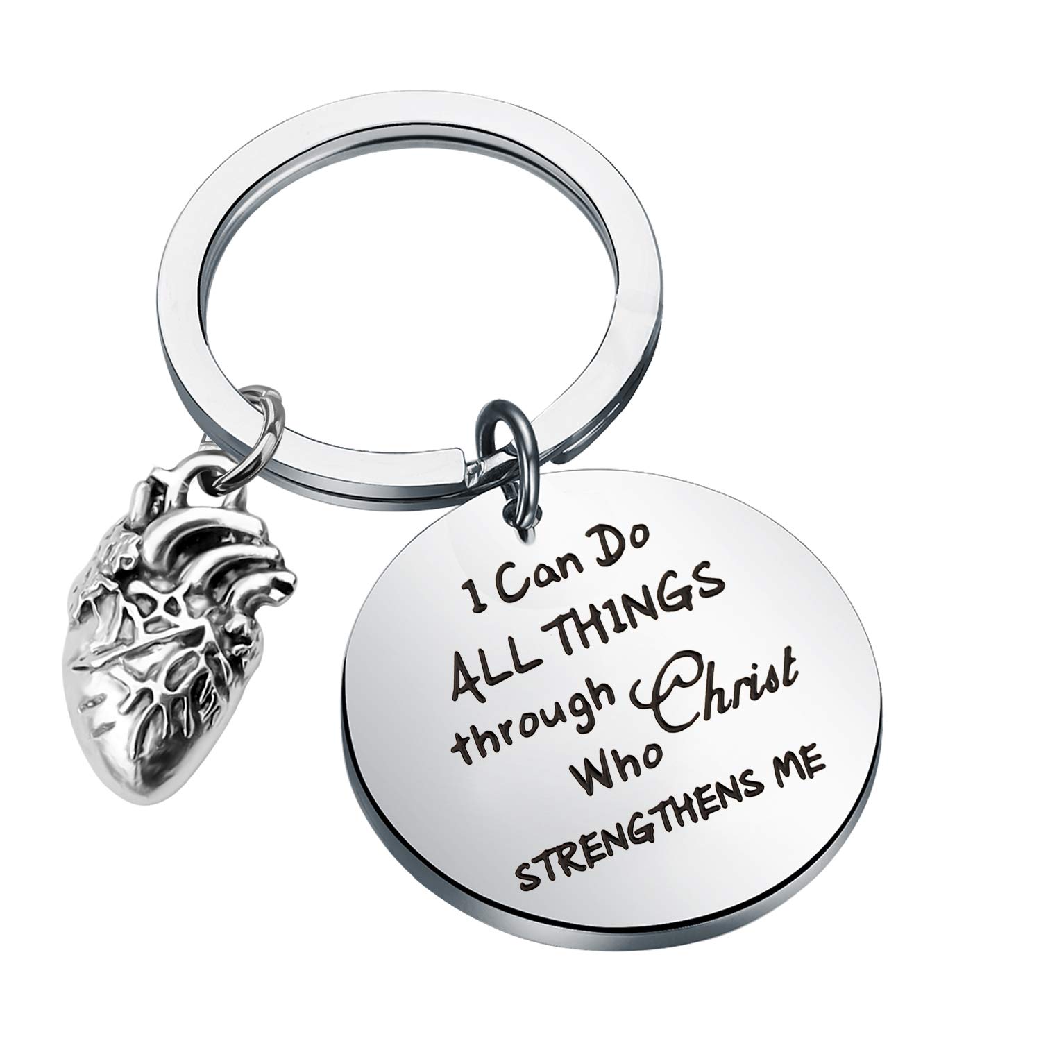 LQRI Anatomy Keychain Cardiologist Gift I Can Do All Things Through Christ Who Strengthens Me CHD Awareness Heart Disease Awareness Jewelry Dotor Nurse Cardiology Gifts (sliver)