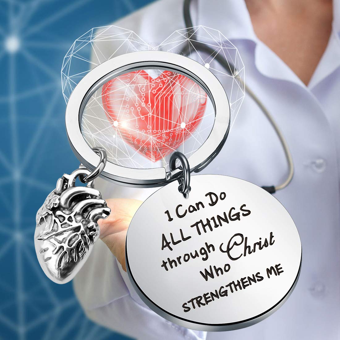 LQRI Anatomy Keychain Cardiologist Gift I Can Do All Things Through Christ Who Strengthens Me CHD Awareness Heart Disease Awareness Jewelry Dotor Nurse Cardiology Gifts (sliver)