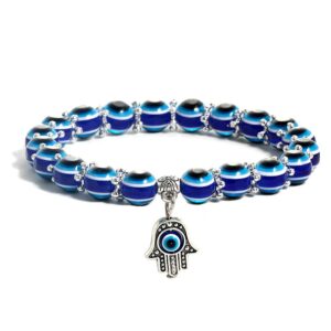 SUMMER LOVE Evil Eye Hamsa Blue Beaded Charm Stretch Bracelet Hand of Fatima Turkish Lucky Evil Eye Bracelet for Protection and Blessing