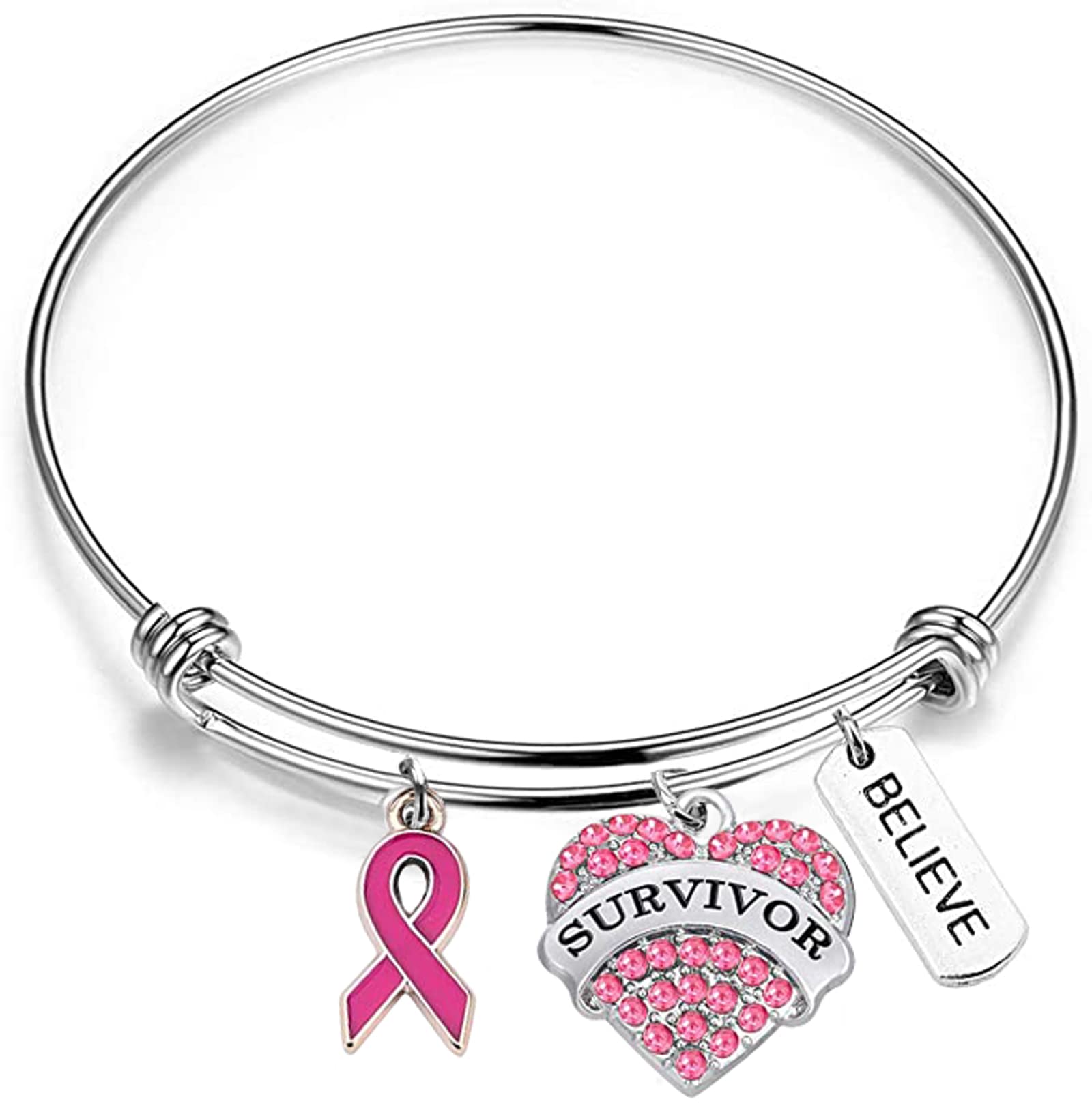 Gzrlyf Stainless Steel Bangle, Survivor Bracelet for Breast Cancer Awareness, Pink Heart Charm