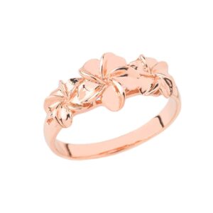 Certified 14k Rose Gold Trio Hawaiian Plumeria Flower Ring (Size 7.5)