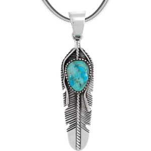 Feather Turquoise Pendant Necklace 20" Sterling Silver 925 Genuine Gemstones (20", Turquoise)