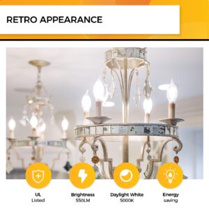 Hizashi E12 Candelabra Bulb 60 watt 5000K Daylight White, Dimmable E12 LED Bulb, 90+ CRI 6W 550LM, CA11 Flame Tip LED Chandelier Light Bulbs Candelabra Base, UL Listed - 12 Pack