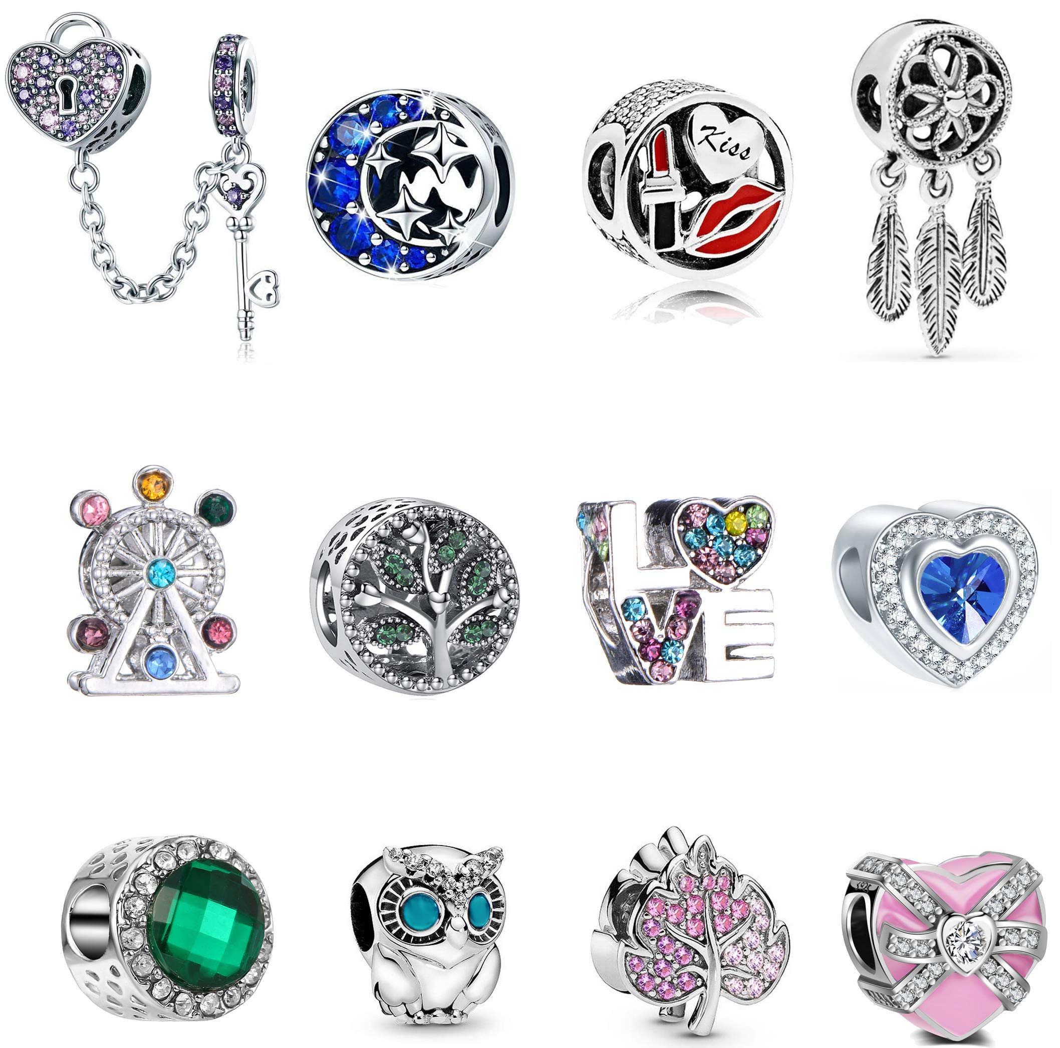 12pcs A Suit 925 Silver Plating Alloy Enamel Colored Rhinestones Tree of Life Lock Owl Heart Luck Bead Charms for Charm Bracelets Snake Bracelet Women's Charms Mother's Day Gift