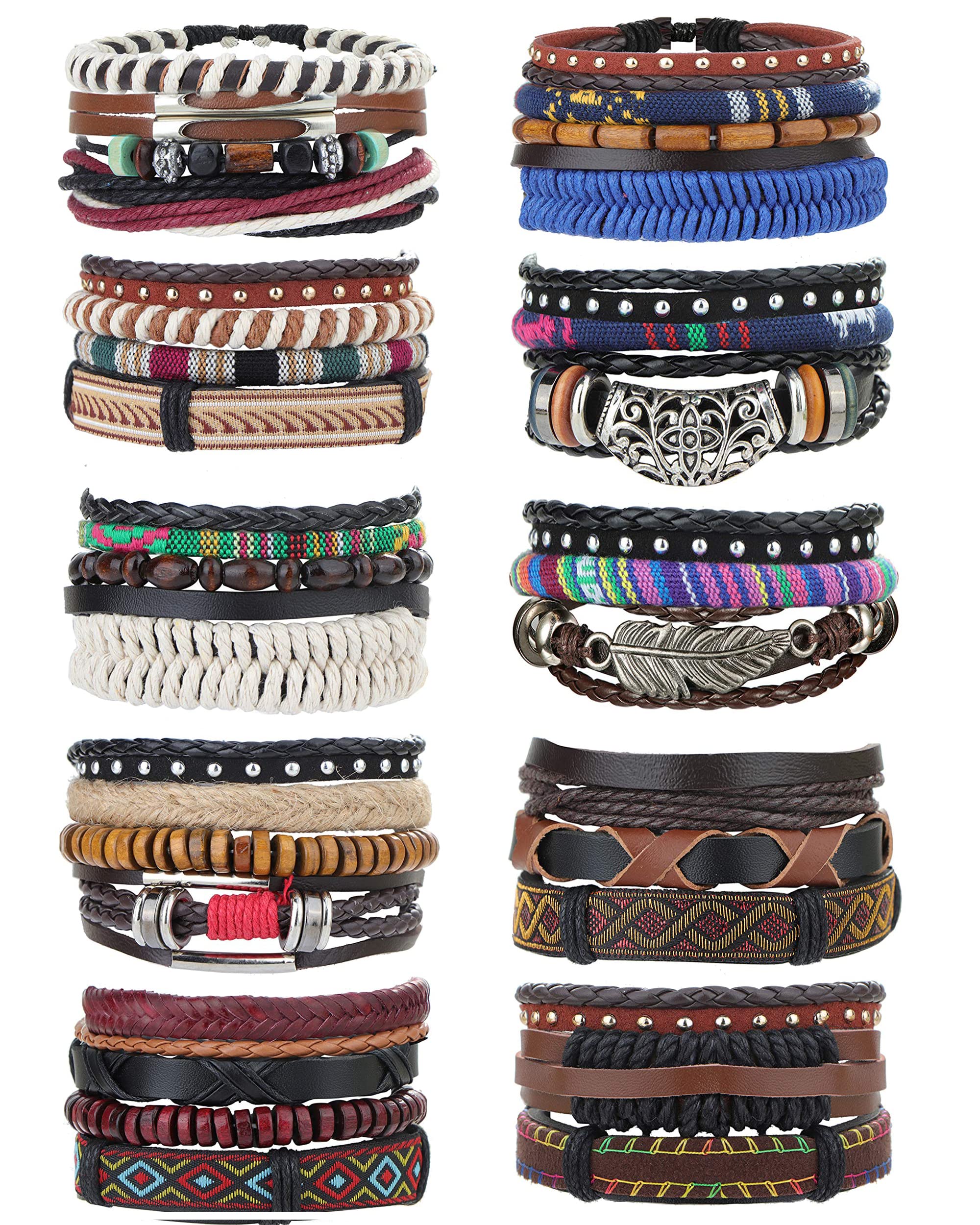 JOERICA 32-35 Pcs Braided Bracelet for Women Men Woven Leather Wristbands Boho Ethnic Style Tribal Linen Hemp Cords Wrap Bracelets Set Handmade String Jewelry