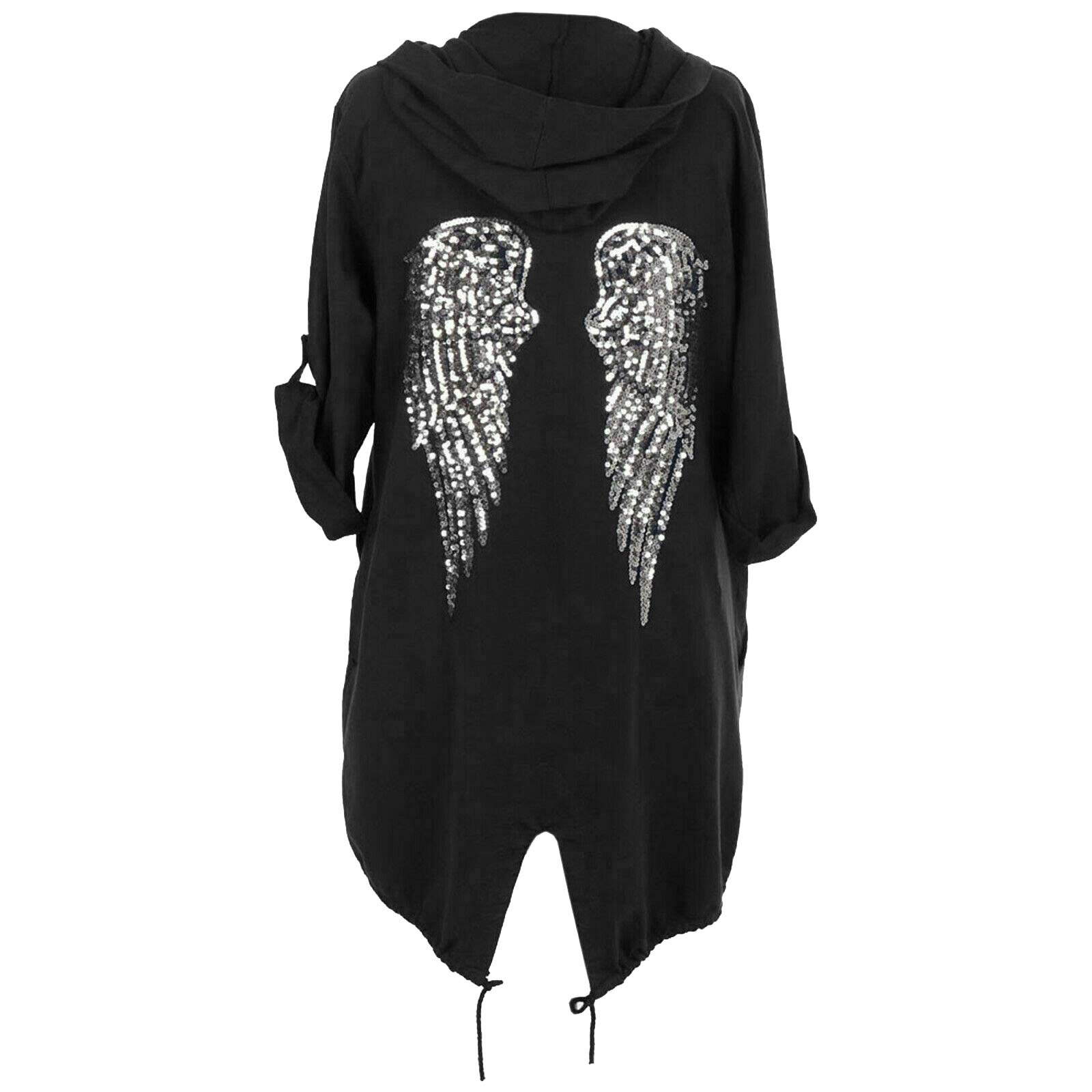 Cima Mode Womens Sequin Angel Wings Back Baggy Oversized Hoodie Cardigan Jacket Sweatshirt Top Black