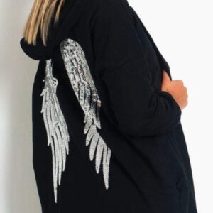 Cima Mode Womens Sequin Angel Wings Back Baggy Oversized Hoodie Cardigan Jacket Sweatshirt Top Black