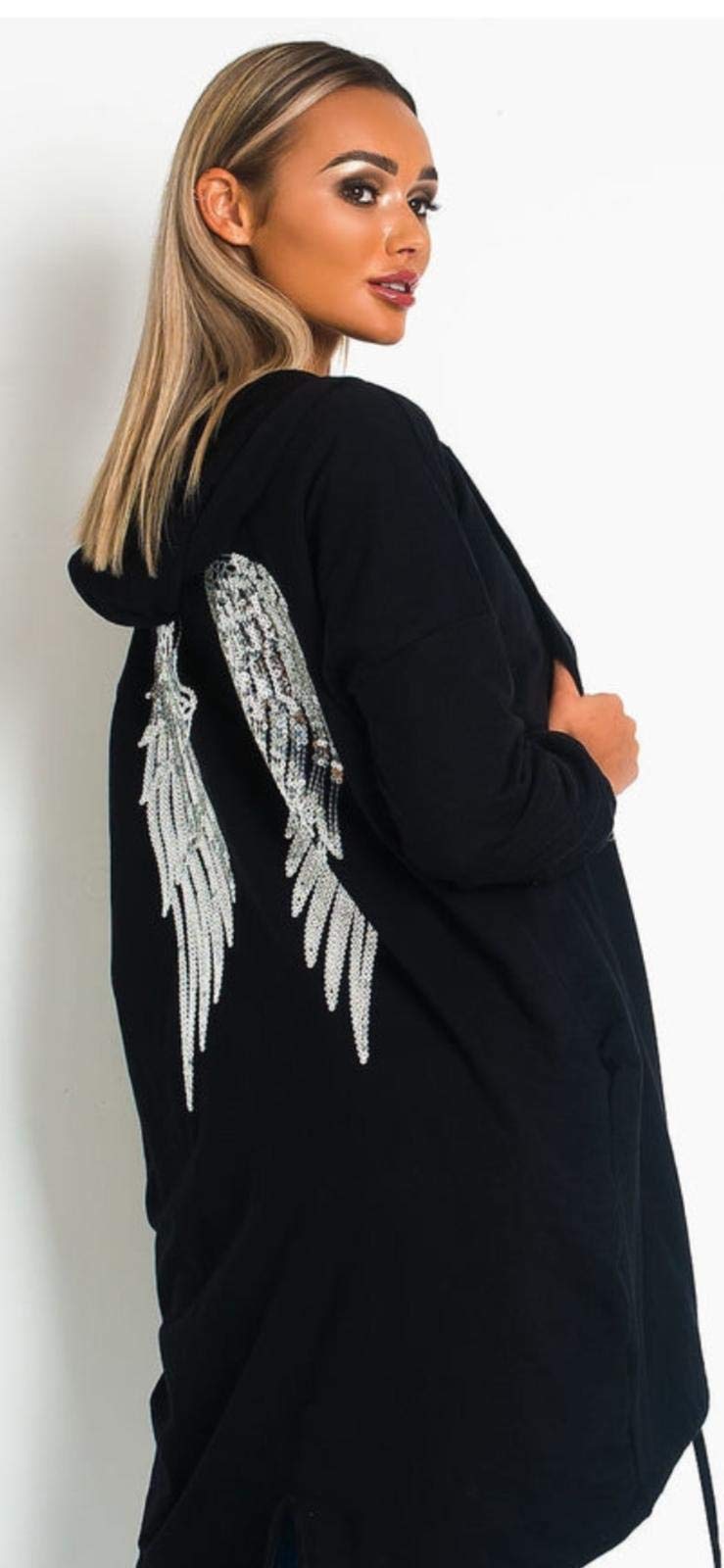 Cima Mode Womens Sequin Angel Wings Back Baggy Oversized Hoodie Cardigan Jacket Sweatshirt Top Black