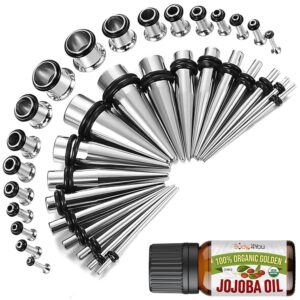 bodyj4you 37pc ear stretching kit - 14g-00g beginner gauges - aftercare jojoba oil - surgical steel tapers single flare plugs tunnels - stretchers expanders eyelets