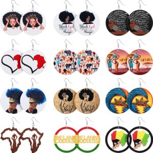 12 pairs african map women earrings round natural wooden painted earrings ethnic style dangle earring (african themed patterns)