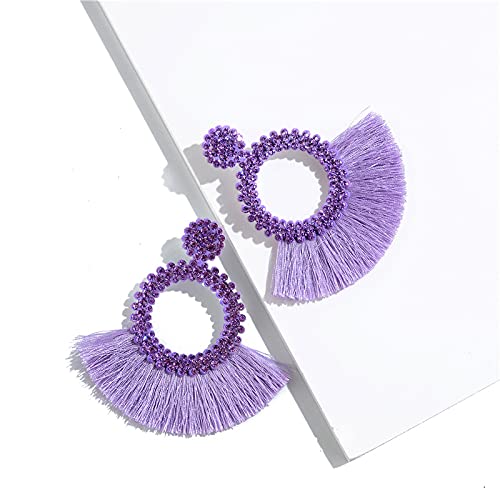 Handmade Bohemian Tassel Crystal Statement Drop Dangle Earrings for Women Hoop Fringe Lightweight Ear Jewelry Summer Accessories (Purple)