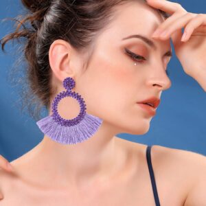 Handmade Bohemian Tassel Crystal Statement Drop Dangle Earrings for Women Hoop Fringe Lightweight Ear Jewelry Summer Accessories (Purple)