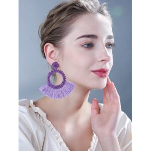 Handmade Bohemian Tassel Crystal Statement Drop Dangle Earrings for Women Hoop Fringe Lightweight Ear Jewelry Summer Accessories (Purple)