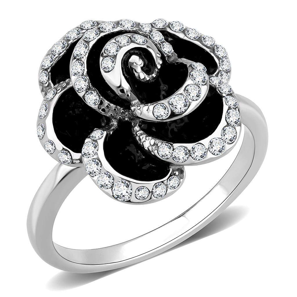 Eternal Sparkles Women's Rose Flower Fashion Cocktail Statement Ring in Hypoallergenic Stainless Steel (CZ Black Rose, 9)