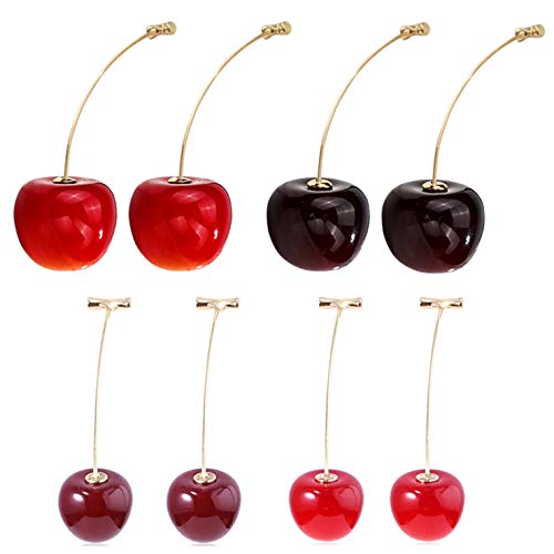 4 Pairs 3D Lifelike Red Cherry Dangle Drop Earrings Creative Assorted Cute Fruits Earring Charm Sweet Jewelry Set for Women (Red+WineRed)