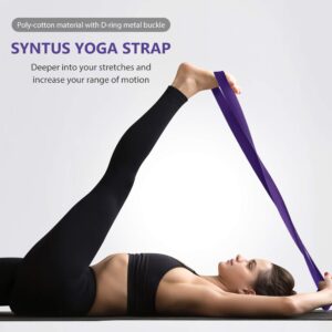 Syntus Yoga Block and Yoga Strap Set, 2 EVA Foam Soft Non-Slip Yoga Blocks 9×6×4 inches, 8FT Metal D-Ring Strap for Yoga, General Fitness, Pilates, Stretching and Toning, Purple