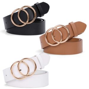 suosdey women leather belt fashion double o-ring soft faux leather waist belts for jeans dress