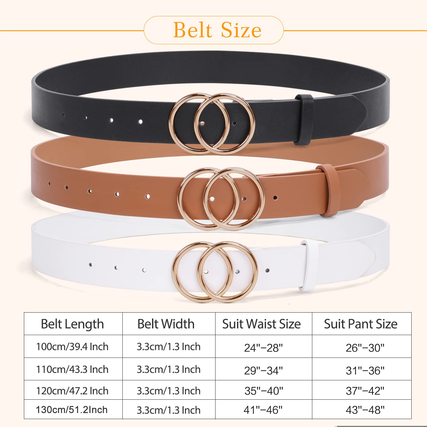 SUOSDEY Women Leather Belt Fashion Double O-Ring Soft Faux Leather Waist Belts For Jeans Dress