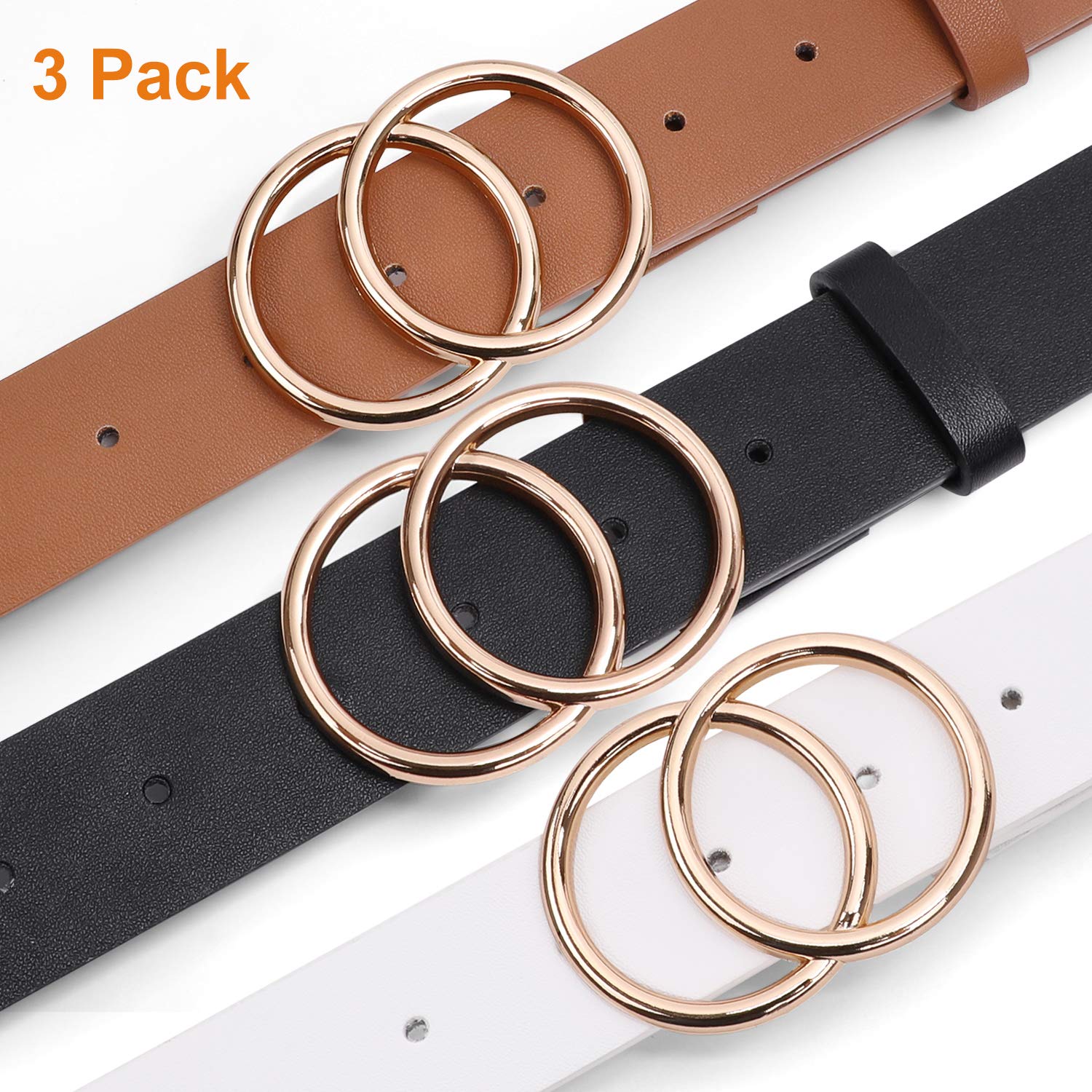 SUOSDEY Women Leather Belt Fashion Double O-Ring Soft Faux Leather Waist Belts For Jeans Dress