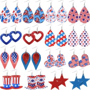 16 pairs independence day american flags patriotic faux leather earrings dangle petal lightweight 4th of july teardrop leaf drop earrings for women gifts