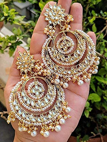 I Jewels Gold Plated Indian Wedding Bollywood Chandbali Kundan & Pearl Earrings for Women (E7077W)