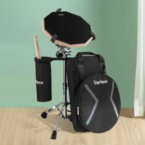 Starfavor Drum Practice Pad with Snare Drum Stand Set, 12-Inch Double Sided Silent Practice Pad Kit with Drum Sticks, Drumstick Holder, Luminous Carrying Bag, Black (Fits 8''-15'' Drums)