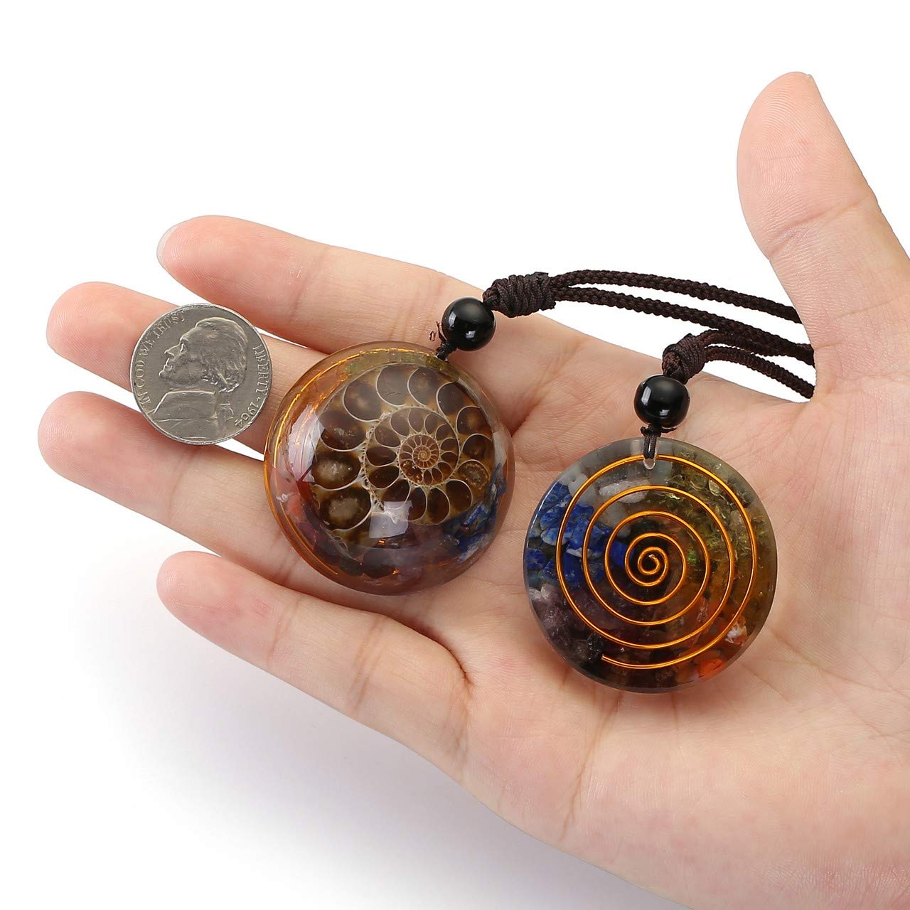 Top Plaza 7 Chakra Natural Healing Crystal Stone Pendant Necklace Adjustable Resin Ammonite Fossil Spiritual Necklace Jewelry for Women Men