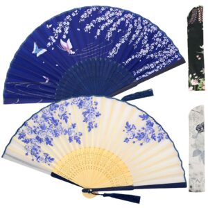 zolee 2 pcs small folding hand fans for women - chinese japanese vintage bamboo silk fans - for dance, performance, decoration, wedding, party，gift (white rose & blue sakura)