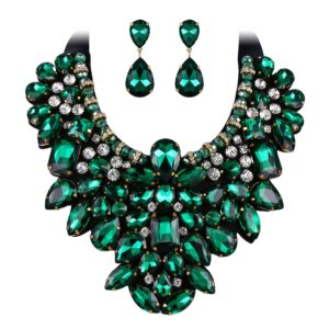 flyonce costume jewelry for women, rhinestone crystal statement necklace earrings set emerald color