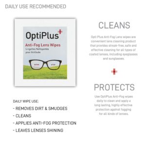 OptiPlus Anti Fog Pre-Moistened Cleaning Wipes for Glasses, Screens, Lenses - Quick-Dry, Scratch-Free, 100 Count