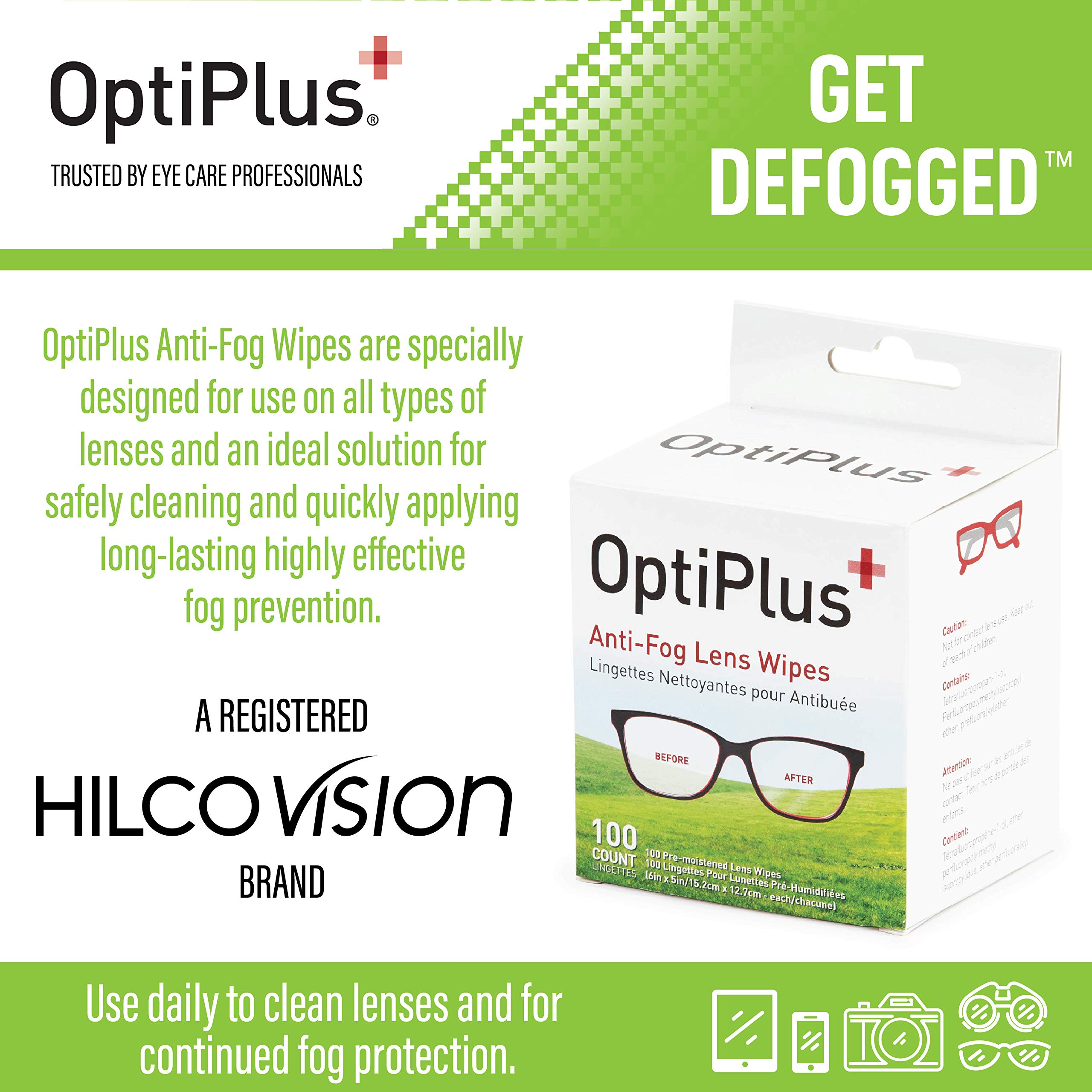 OptiPlus Anti Fog Pre-Moistened Cleaning Wipes for Glasses, Screens, Lenses - Quick-Dry, Scratch-Free, 100 Count