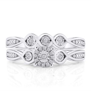 AFFY 1/10 ctw Round White Natural Diamond Set Ladies Engagement Wedding Bridal Ring Set In 14k White Gold Plated Sterling Silver (I-J / I2-I3, 0.10 ctw) Size-6