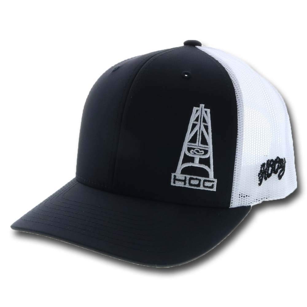 HOOEY Oil Gear (HOG) Adjustable Snapback Mesh Trucker Back Hat (Black/White)