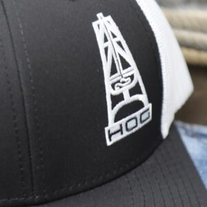 HOOEY Oil Gear (HOG) Adjustable Snapback Mesh Trucker Back Hat (Black/White)