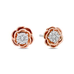 Jewelili Enchanted Disney Fine Jewelry 14K Rose Gold over Sterling Silver 1/5 Cttw Diamond Belle Rose Stud Earrings